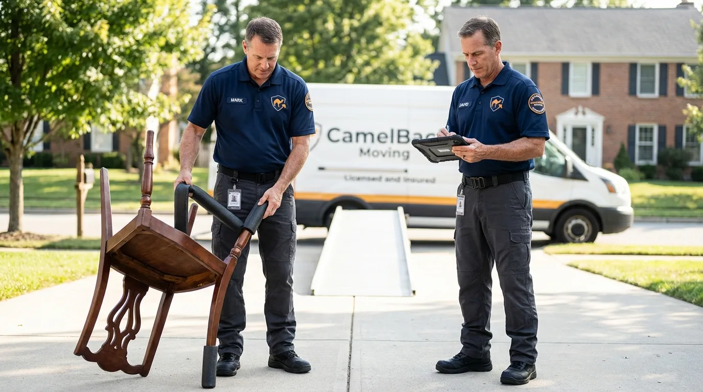 Movers inspecting furniture for damage prevention before loading in Berwyn, PA